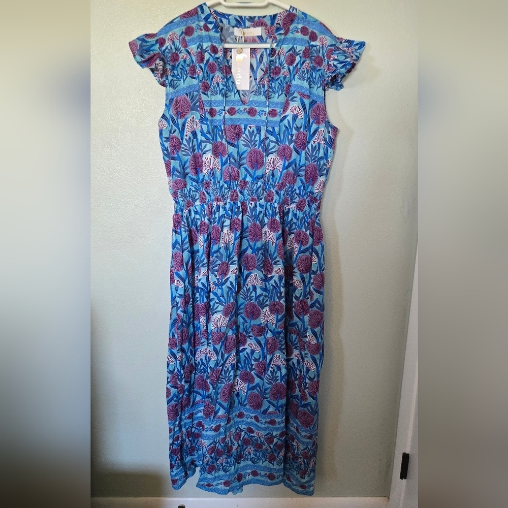 Bindu Tuckernuck | NWT Blue & Purple Floral Cotton Maxi Dress Size XL
